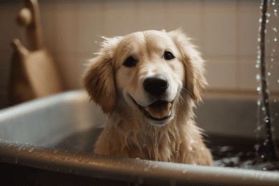 golden retriever in der badewanne