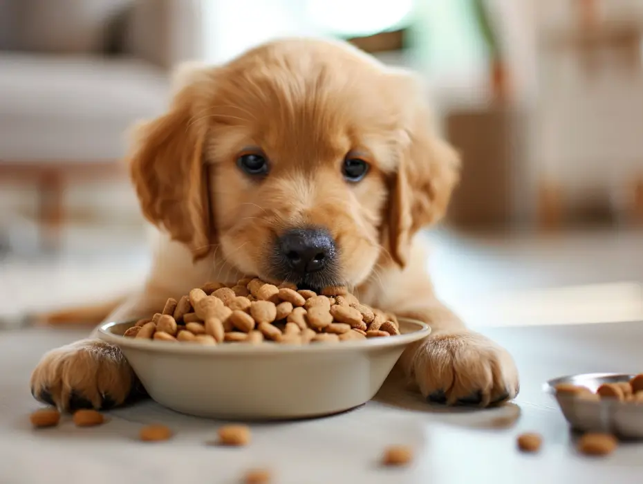 Ein Golden-Retriever-Welpe frisst ausgewogenes Welpenfutter für große Rassen aus einem sauberen Keramiknapf