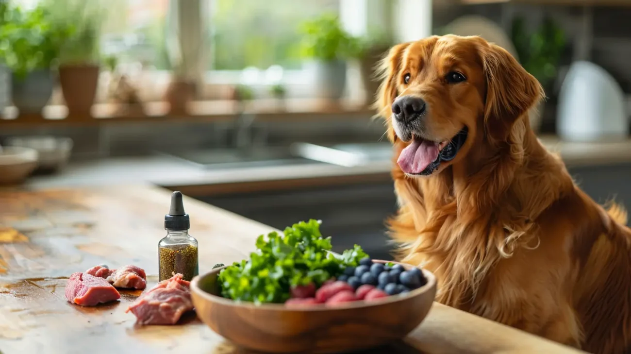 Ein Golden Retriever sitzt neben einer Holzschüssel mit frischen Rindfleischstücken