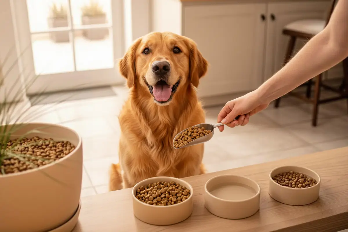 Golden Retriever sitzt erwartungsvoll neben Futternapf in heller Küche