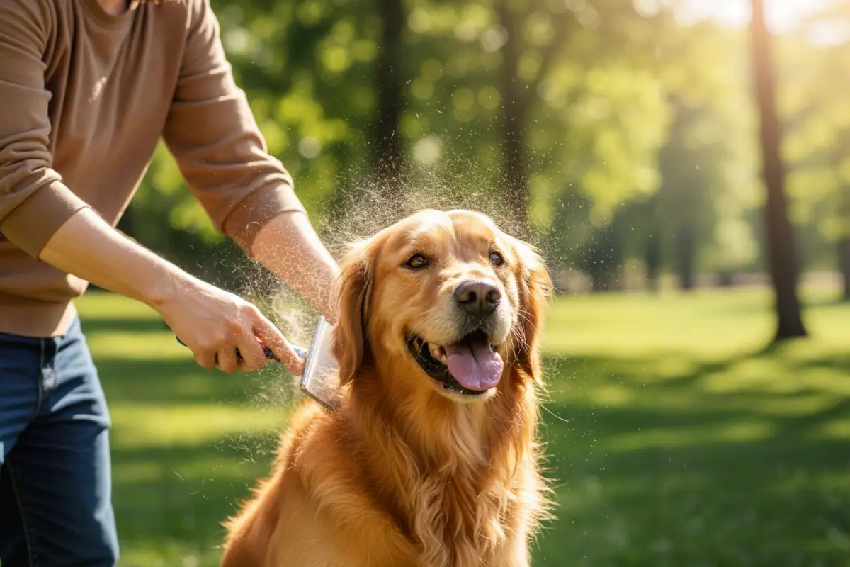 Golden Retriever wird mit einer Slicker-Bürste gepflegt – Fellpflege beim Unterwollwechsel