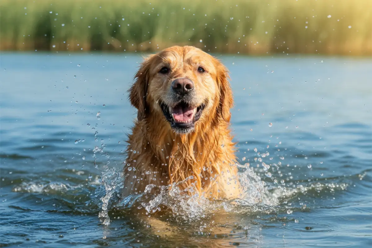 Golden Retriever schwimmt freudig in einem klaren See