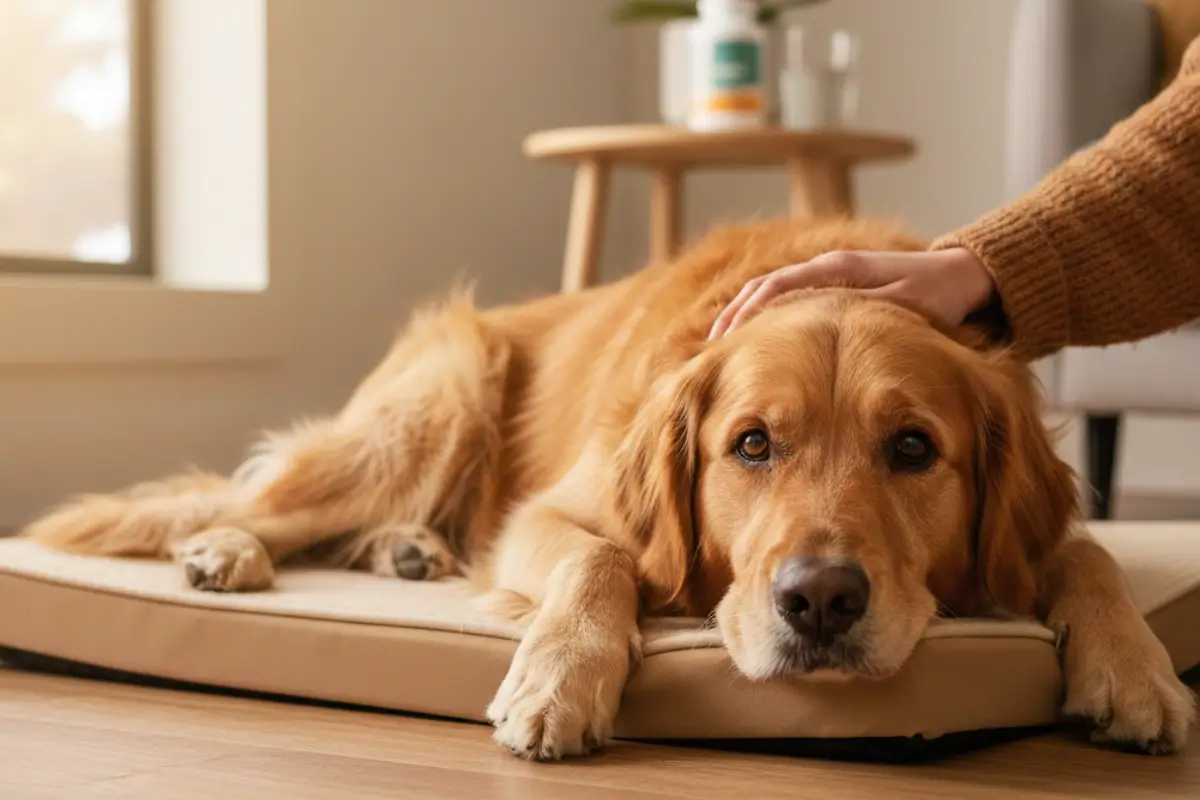 hüftdysplasie-golden-retriever-liegt-auf-orthopädischem-hundebett